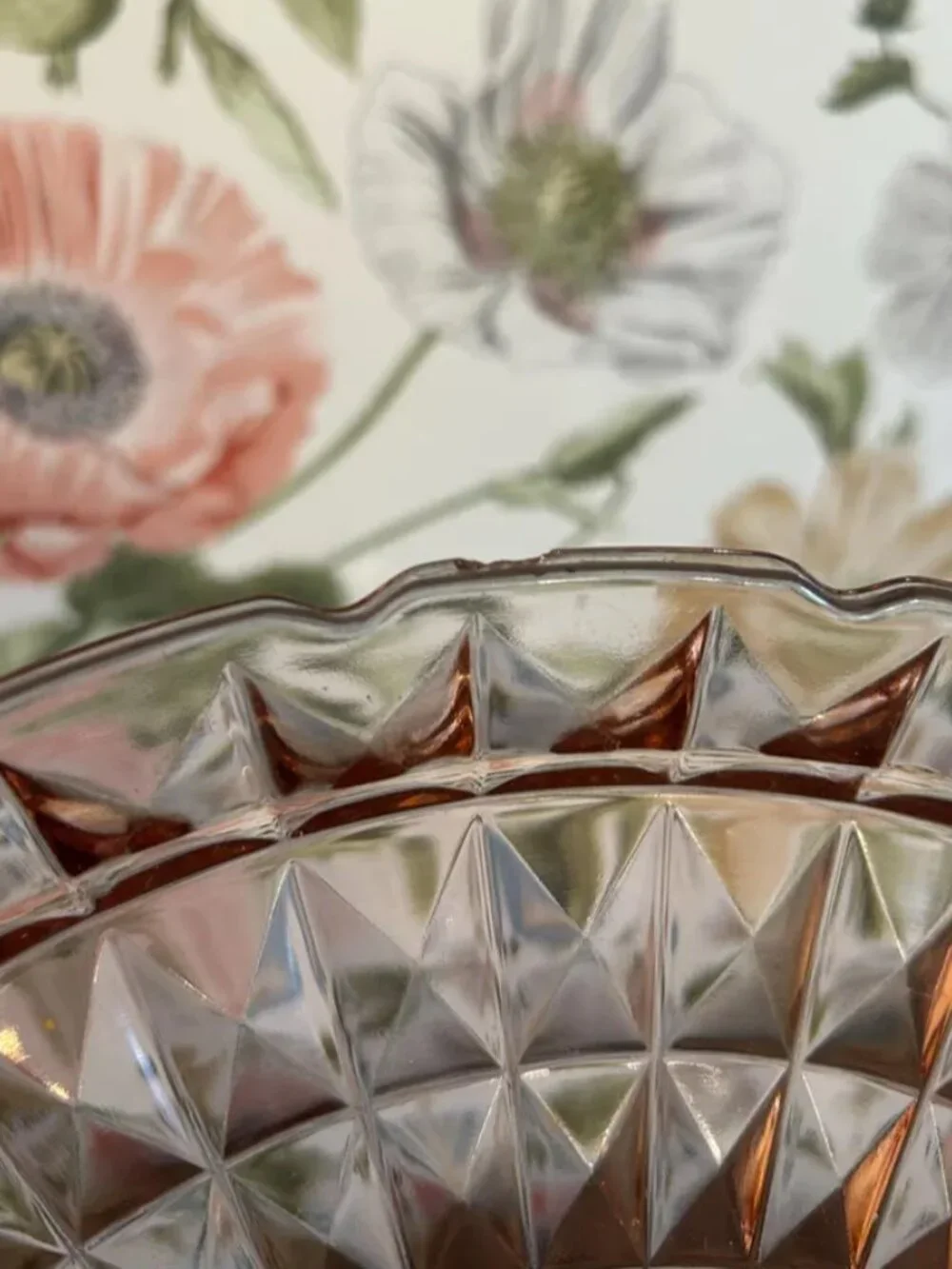 Vintage Blush Pink Pressed Glass Starburst Platter Decorative Round Tray